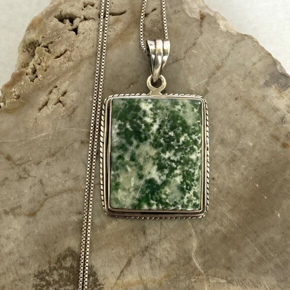 Sterling Silver 925 Bezel Set Tree Agate Rectangular Pendant Necklace 18.5" - Picture 6 of 16